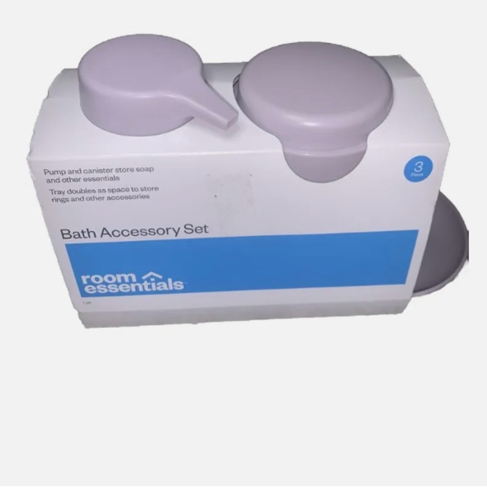 NIB Room Essentials~ 3pc Lavender Bath Bundle Set: Soap Tray & Pump & Canister